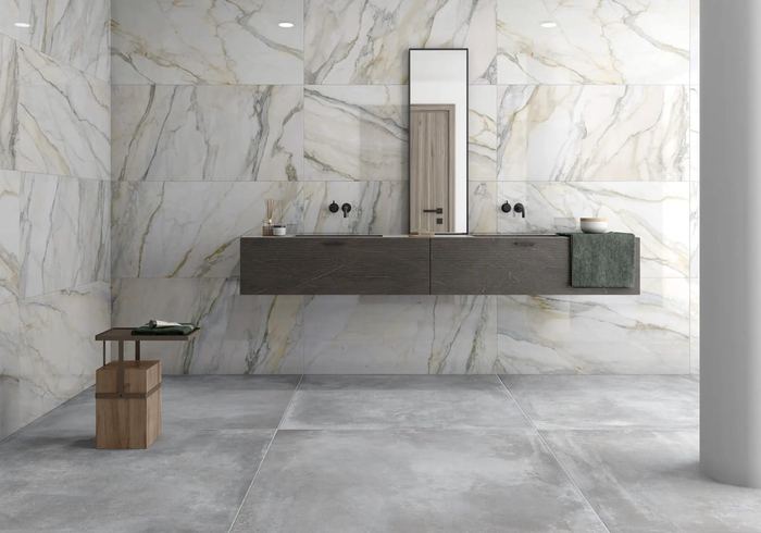 Npol Calhea Blanco porcelain tiles fitted in a room, marble-effect, gloss & polished