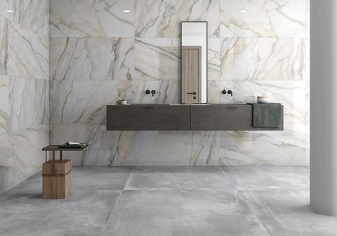 Npol Calhea Blanco porcelain tiles fitted in a room, marble-effect, gloss & polished