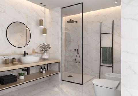 Paonazzo Gold porcelain tiles fitted in a room, marble-effect, gloss & polished