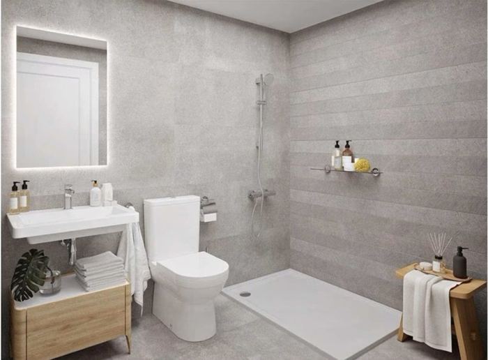 Porcelanosa Bottega Acero ceramic tiles fitted in a room, grey, matt