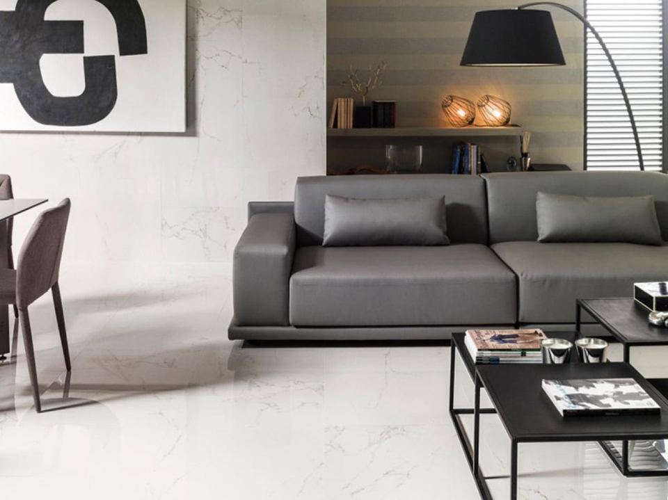 Porcelanosa Carrara Blanco Pulido porcelain tiles fitted in a room, marble-effect, gloss & polished