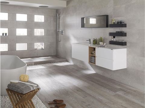Porcelanosa Chester Acero porcelain tiles fitted in a room, wood-effect, matt