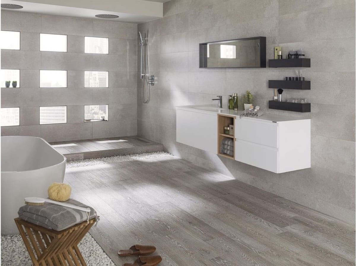 Porcelanosa Chester Acero porcelain tiles fitted in a room, wood-effect, matt