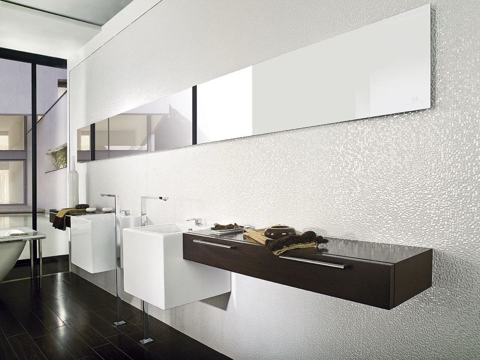 Porcelanosa Cubica Blanco ceramic tiles fitted in a room, white, gloss & polished