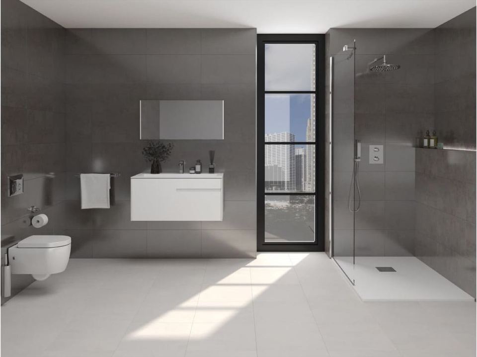 Porcelanosa Ferroker Platino porcelain tiles fitted in a room, white, satin