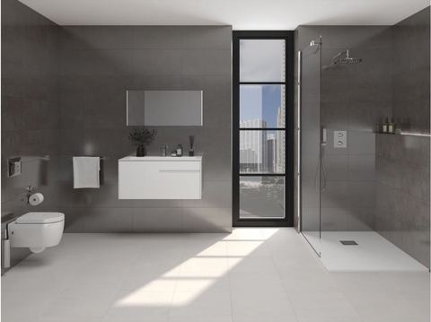 Porcelanosa Ferroker Platino porcelain tiles fitted in a room, white, satin