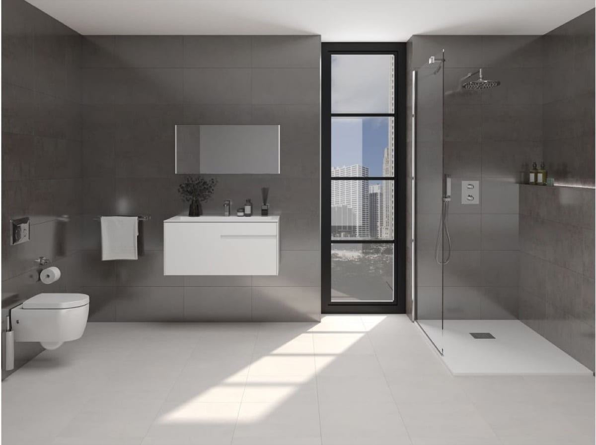 Porcelanosa Ferroker Platino porcelain tiles fitted in a room, white, satin