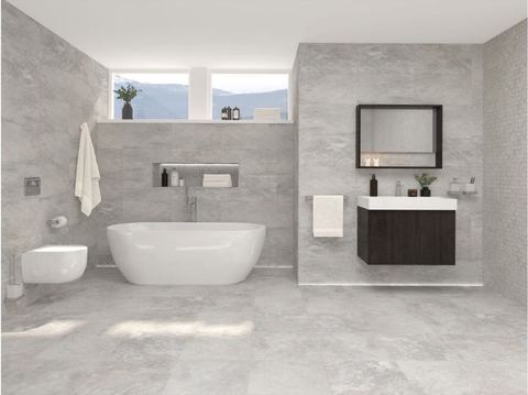 Porcelanosa Image Silver porcelain tiles fitted in a room, grey, gloss & polished