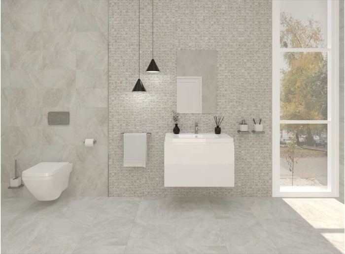 Porcelanosa Indic ceramic tiles fitted in a room, grey, gloss & polished