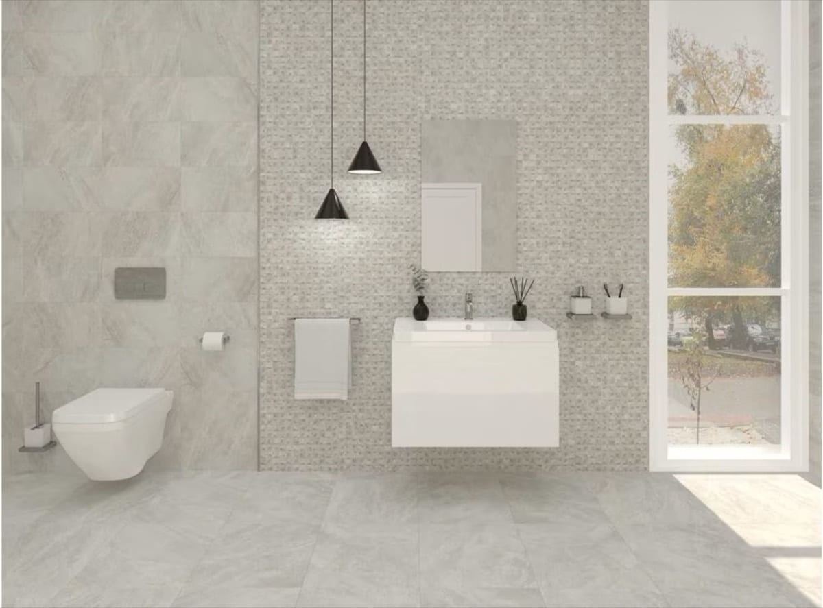 Porcelanosa Indic ceramic tiles fitted in a room, grey, gloss & polished