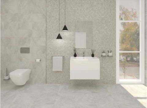 Porcelanosa Indic ceramic tiles fitted in a room, grey, gloss & polished