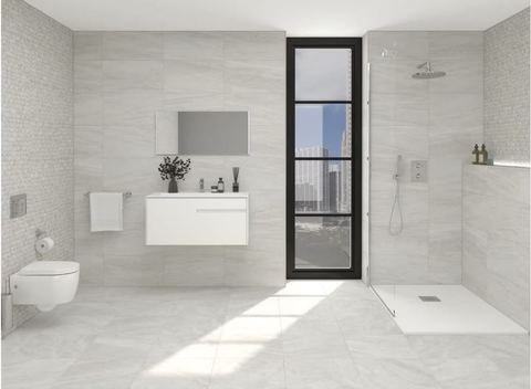 Porcelanosa Indic ceramic tiles fitted in a room, grey, gloss & polished