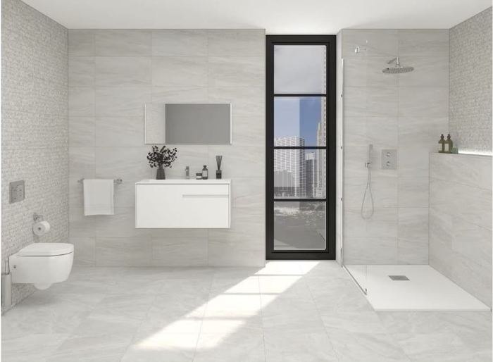Porcelanosa Indic ceramic tiles fitted in a room, grey, gloss & polished