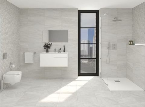 Porcelanosa Indic porcelain tiles fitted in a room, grey, matt
