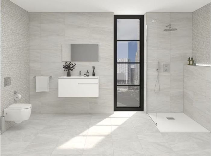 Porcelanosa Indic porcelain tiles fitted in a room, grey, matt