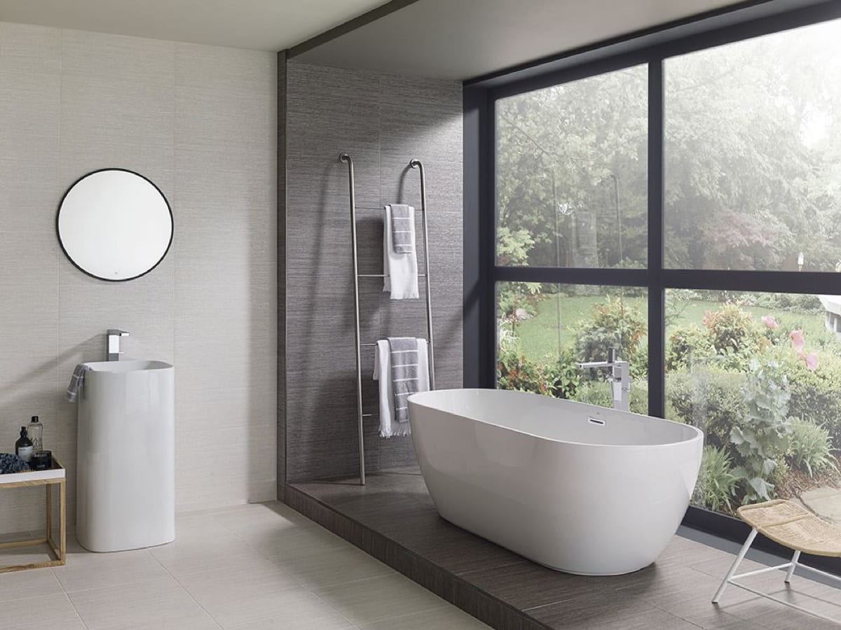 Porcelanosa Japan Blanco porcelain tiles fitted in a room, white, matt