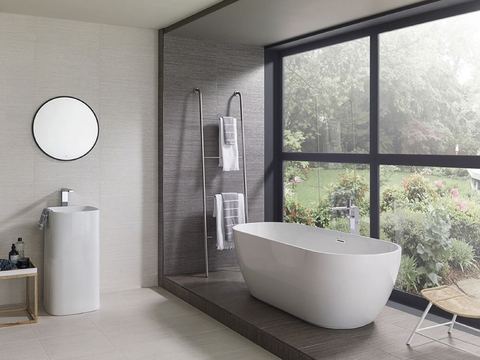 Porcelanosa Japan Blanco porcelain tiles fitted in a room, white, matt