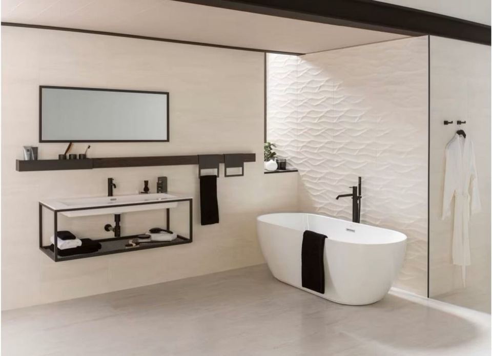 Porcelanosa Madagascar Blanco ceramic tiles fitted in a room, white, matt