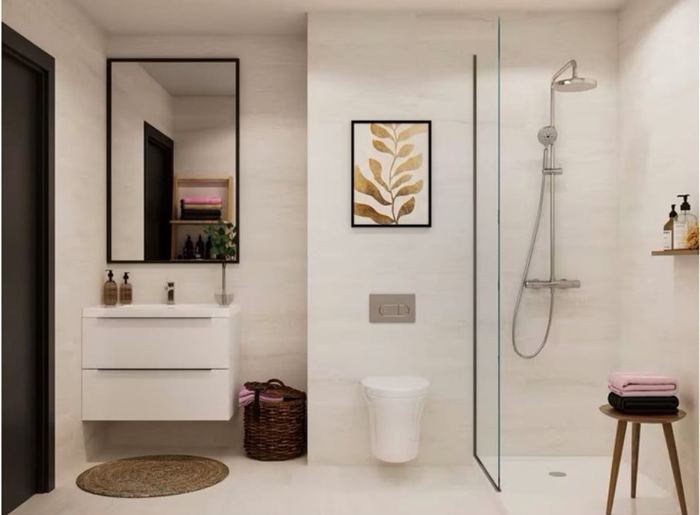 Porcelanosa Madagascar Blanco ceramic tiles fitted in a room, white, matt