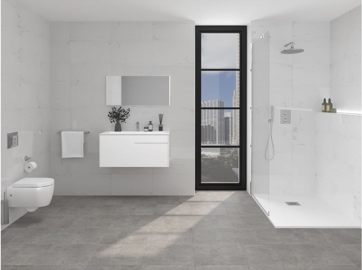 Porcelanosa Marmol Carrara Blanco ceramic tiles fitted in a room, marble-effect, gloss & polished
