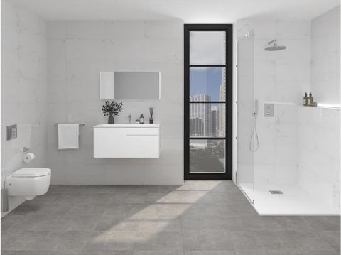 Porcelanosa Marmol Carrara Blanco ceramic tiles fitted in a room, marble-effect, gloss & polished