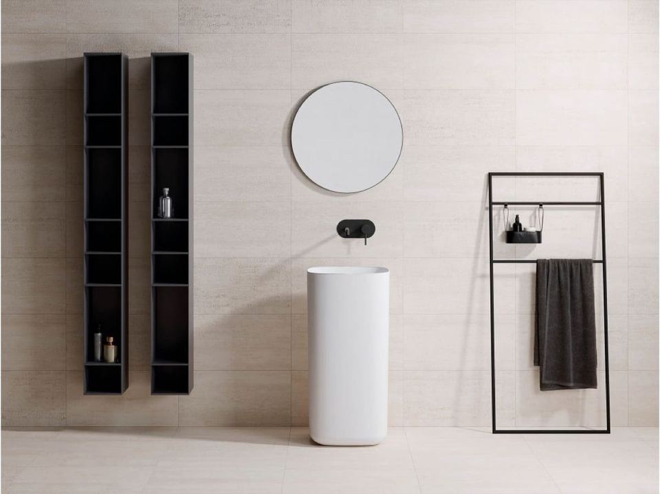 Porcelanosa Nantes Caliza ceramic tiles fitted in a room, white, matt