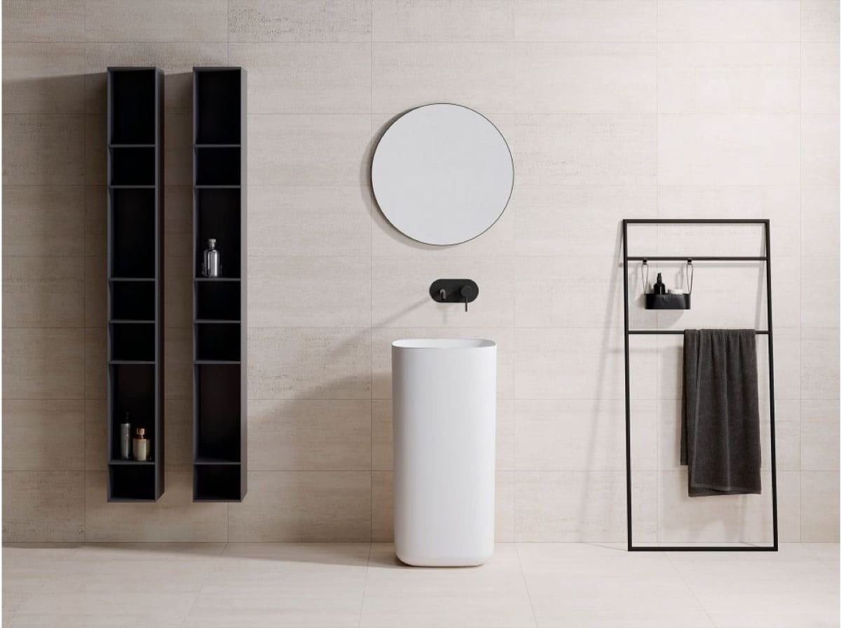 Porcelanosa Nantes Caliza ceramic tiles fitted in a room, white, matt