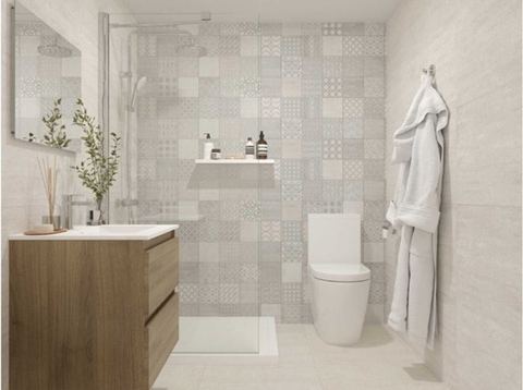Porcelanosa Nantes Caliza porcelain tiles fitted in a room, white, matt