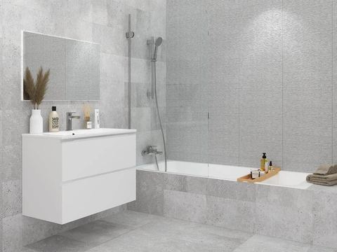 Porcelanosa Park Gris ceramic tiles fitted in a room, grey, matt