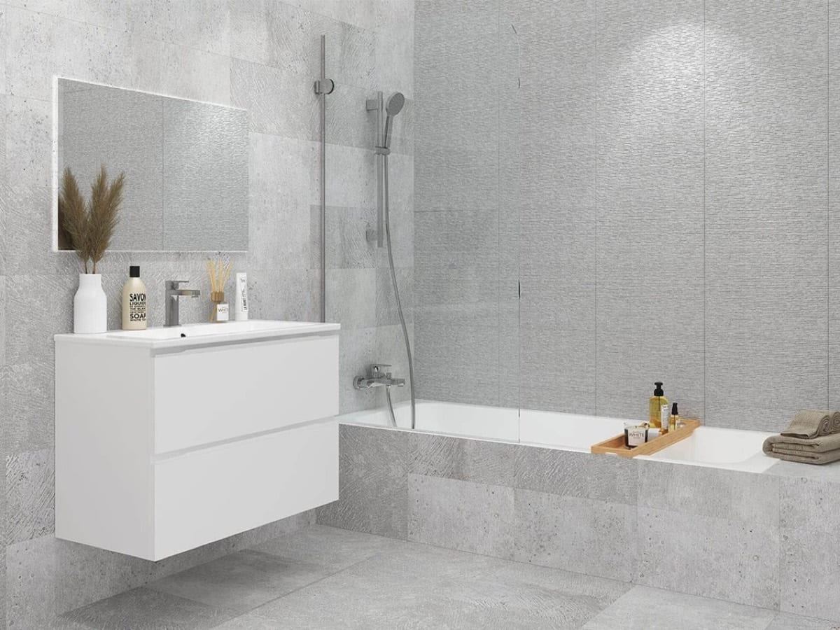 Porcelanosa Park Lineal Gris ceramic tiles fitted in a room, grey, matt