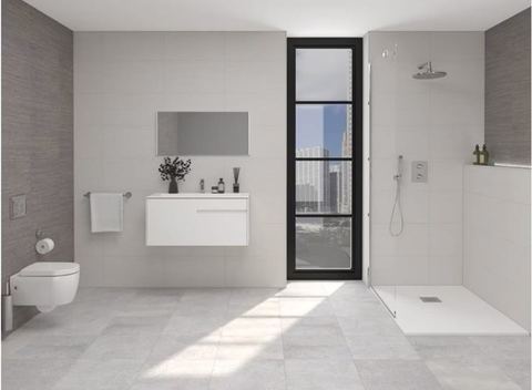 Porcelanosa Park Gris porcelain tiles fitted in a room, grey, matt