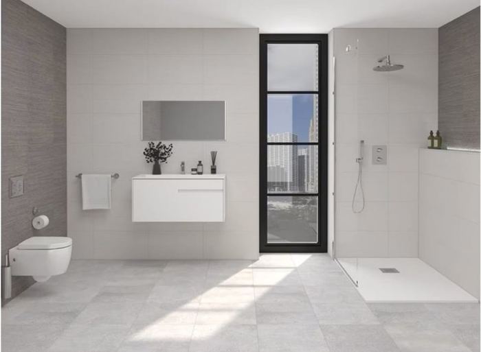 Porcelanosa Park Gris porcelain tiles fitted in a room, grey, matt