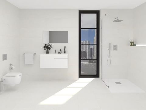 Porcelanosa Rivoli ceramic tiles fitted in a room, white, matt