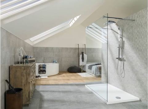Porcelanosa Rodano Acero ceramic tiles fitted in a room, grey, matt