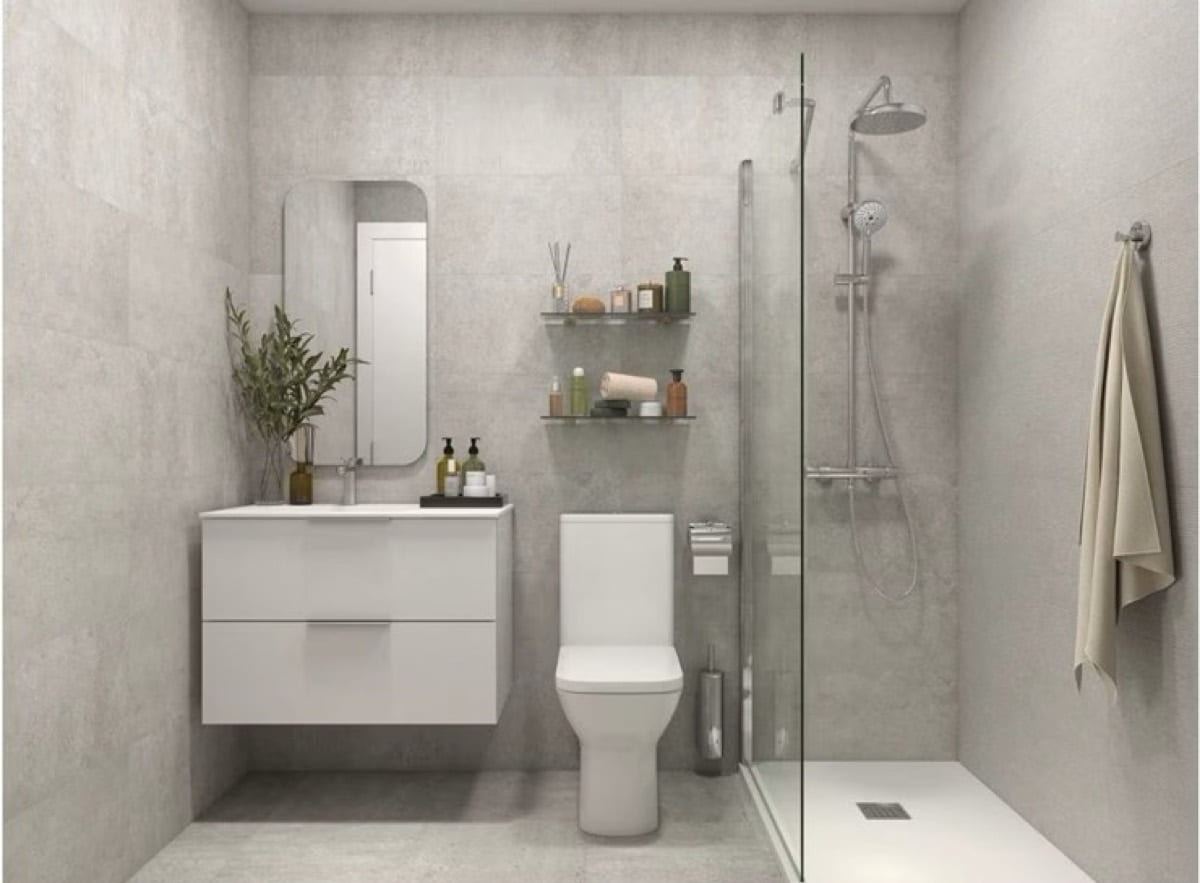 Porcelanosa Rodano Acero porcelain tiles fitted in a room, grey, matt