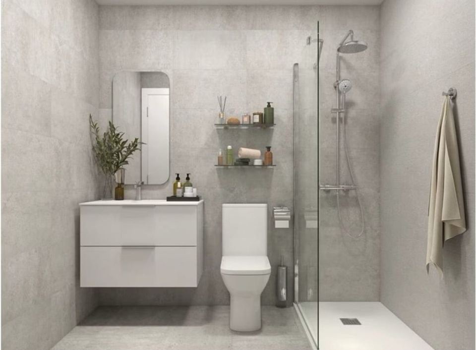 Porcelanosa Rodano Acero porcelain tiles fitted in a room, grey, matt