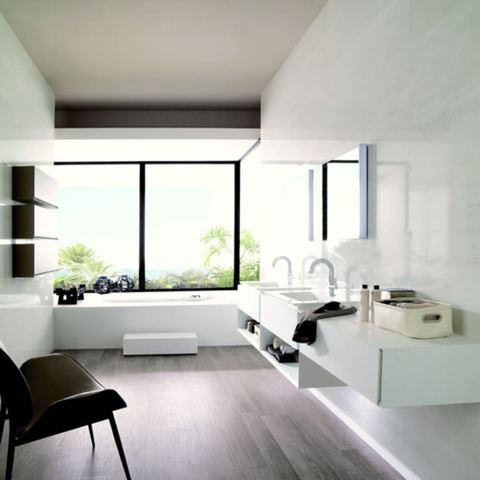 Porcelanosa Shine Platino ceramic tiles fitted in a room, grey, gloss & polished
