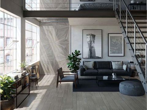 Porcelanosa Smart Minnesota Ash porcelain tiles fitted in a room, wood-effect, matt