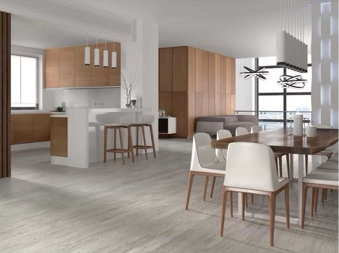 Porcelanosa Smart Tanzania Silver porcelain tiles fitted in a room, wood-effect, matt