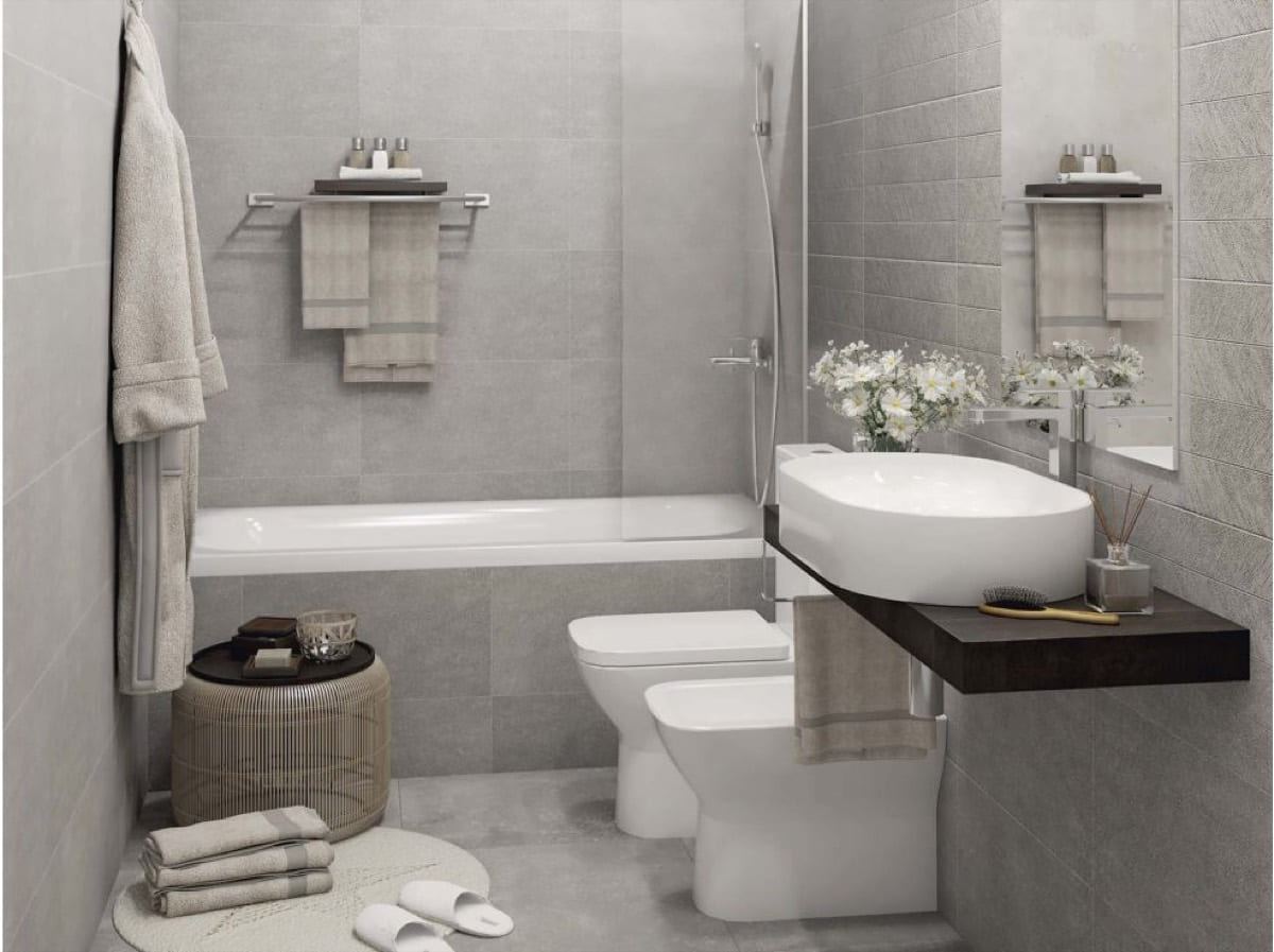Porcelanosa Bottega Acero porcelain tiles fitted in a room, grey, matt