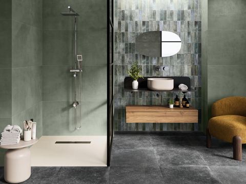 Pre-Artsquare Aqua ceramic tiles fitted in a room, green, gloss & polished
