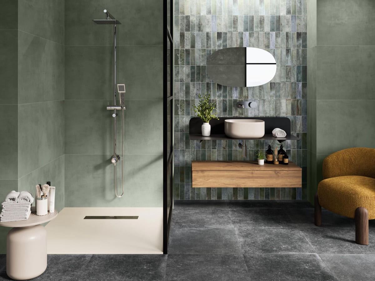 Pre-Artsquare Aqua ceramic tiles fitted in a room, green, gloss & polished