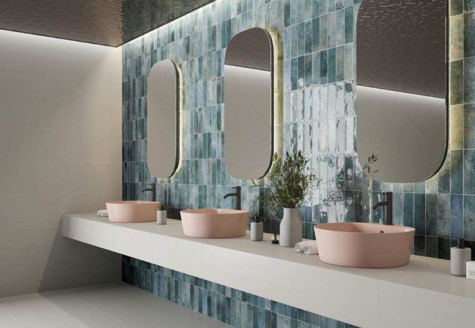 Pre-Artsquare Blu ceramic tiles fitted in a room, blue, gloss & polished
