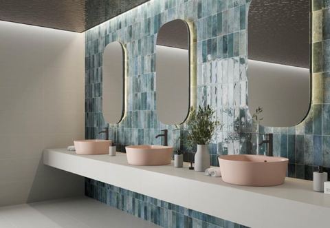 Pre-Artsquare Blu ceramic tiles fitted in a room, blue, gloss & polished