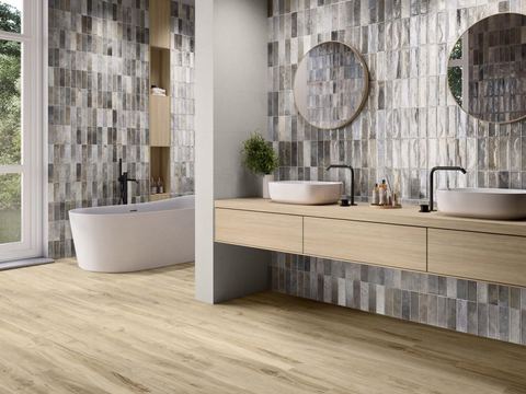 Pre-Artsquare Griege ceramic tiles fitted in a room, grey, gloss & polished
