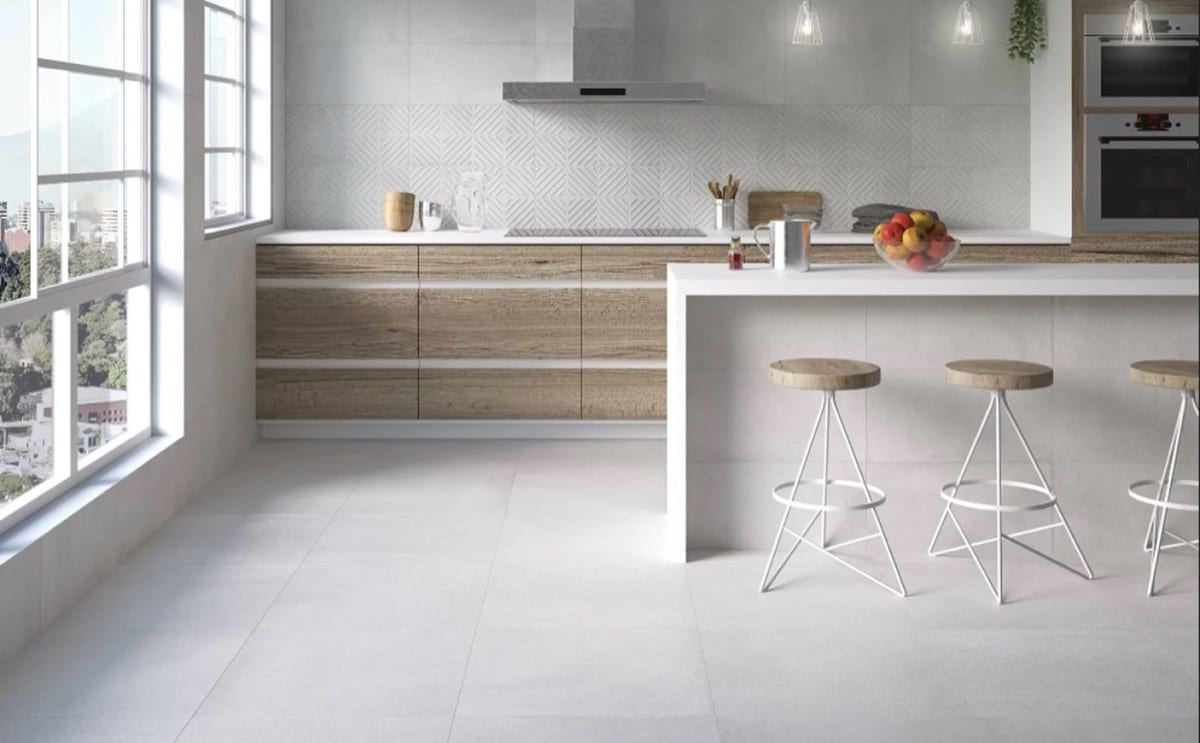 RLV Elyt Blanco porcelain tiles fitted in a room, white, matt