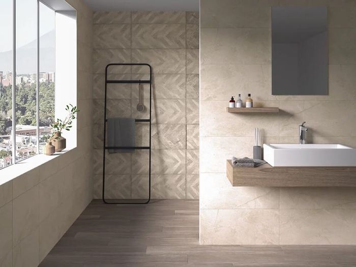RLV Klee (Artan Crema) ceramic tiles fitted in a room, cream & beige, matt