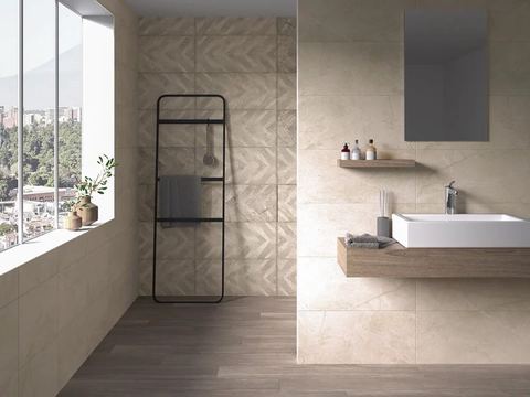 RLV Klee (Artan Crema) ceramic tiles fitted in a room, cream & beige, matt
