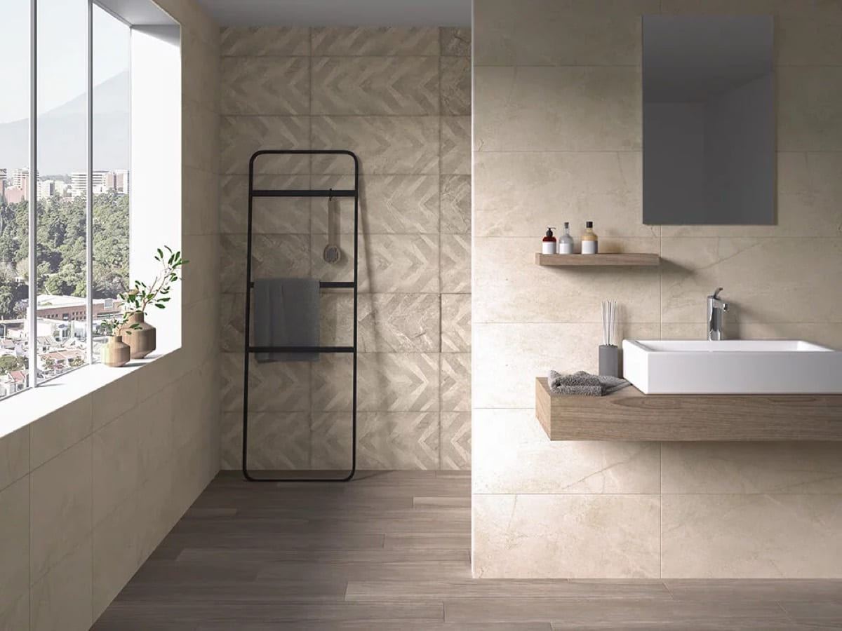RLV Klee (Artan Crema) ceramic tiles fitted in a room, cream & beige, matt