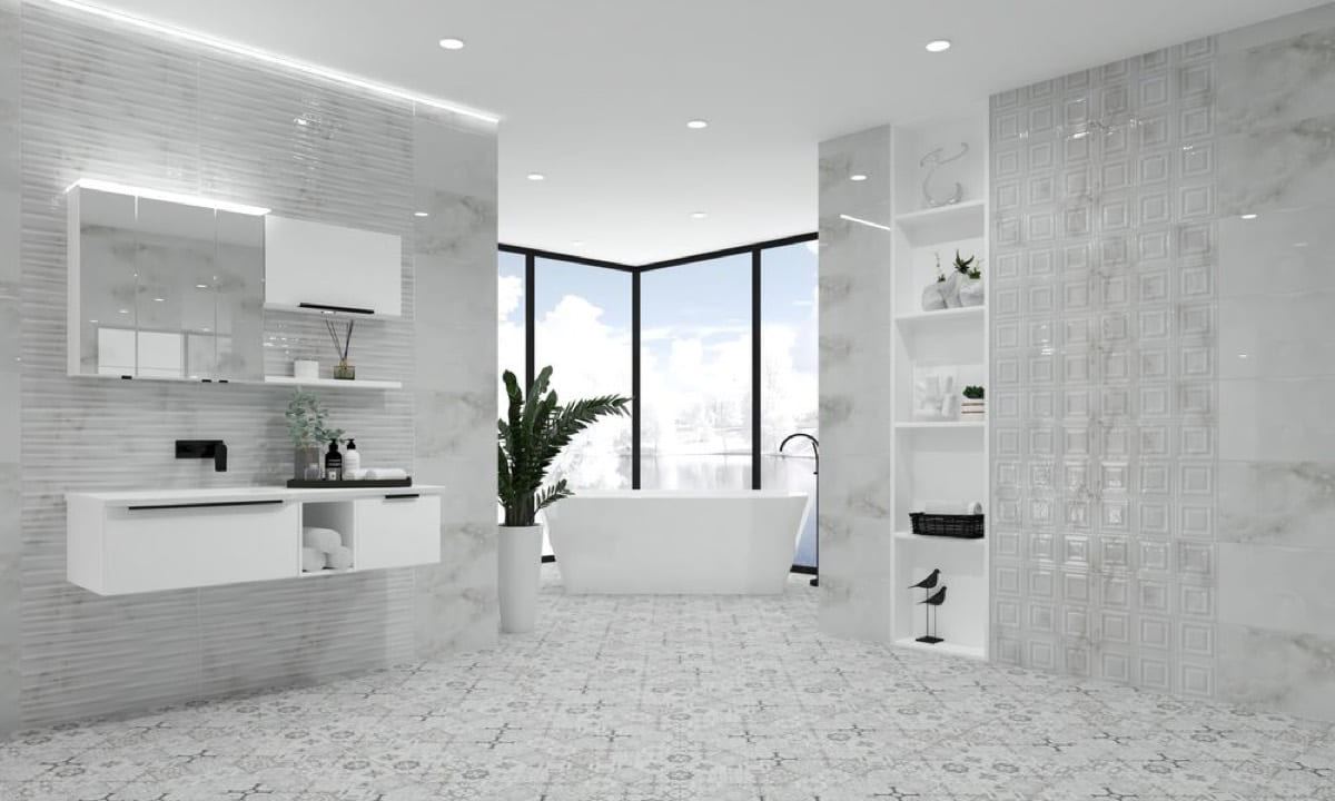 RLV Marmi Gris ceramic tiles fitted in a room, marble-effect, gloss & polished